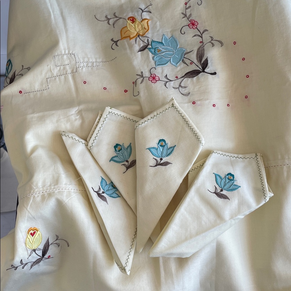 Vintage Italian Embroidered Floral Linen Tablecloth 4 Napkins Set NWOT
